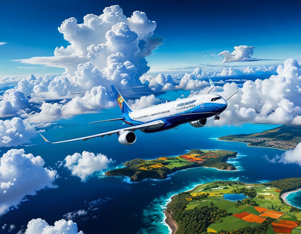 A stunning bird's-eye view of an airplane soaring through a bright blue sky dotted with fluffy white clouds, symbolizing freedom and adventure. Below, a scenic landscape with picturesque destinations hints at affordable travel options. Lively colors depict the excitement of jet-setting, with subtle hints of Go Jet Airline branding throughout the scene. Illustration style combines realism with a touch of whimsy, inviting viewers to explore. super-realistic. vibrant colors. white background.