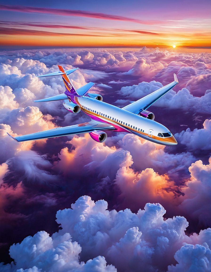 A breathtaking aerial view of a vibrant airplane flying above fluffy white clouds, with a beautiful sunset in the background. Include a travel itinerary with budget icons and a compass overlay to emphasize navigation and savings. The aircraft has a colorful Go Jet livery, symbolizing adventure and affordability. super-realistic. vibrant colors. 3D.