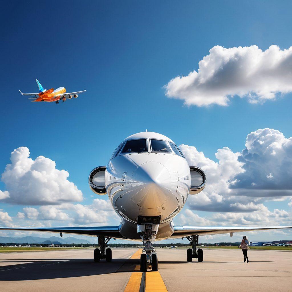 A sleek, modern jet soaring through a clear blue sky, with clouds reflecting sunlight, symbolizing hassle-free travel. Include a joyous family at the airport, checking their tickets, and a glowing sign advertising 'Exclusive Deals' in bright colors. Surround with subtle icons of luggage and destinations to convey travel excitement. super-realistic. vibrant colors. 3D.